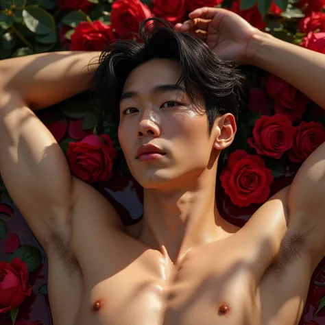 Extremely realistic photo, masterpiece, best quality, RAW photo, Captivating This 2, mixed Korean male supermodel, handsome, lean and slender physique with a masculine appearance. His small shoulders and pectorals accentuate his, symmetric face, pale skin ...