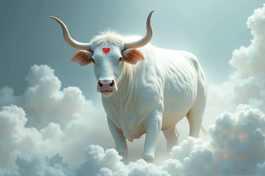 an ethereal, white bull,white sheets for legs rising from the ground. The shape of a small red heart in the middle of his forehead. Big and floppy ears 