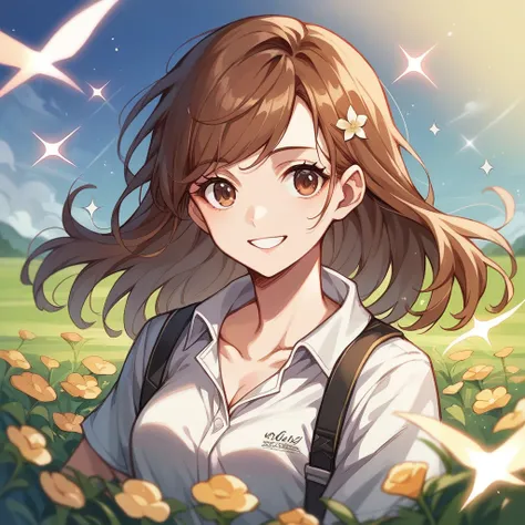 Flower Field、golf、Long Hair, smile, chest, Brown Hair, Anime Style, Sparkle Effect, Character profile, 