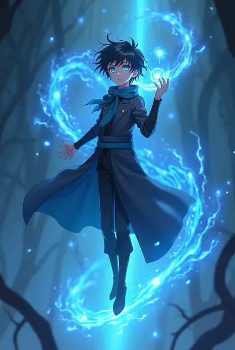 Anime 8k hd medium height magician boy with glowing blue eye in full body floting position 