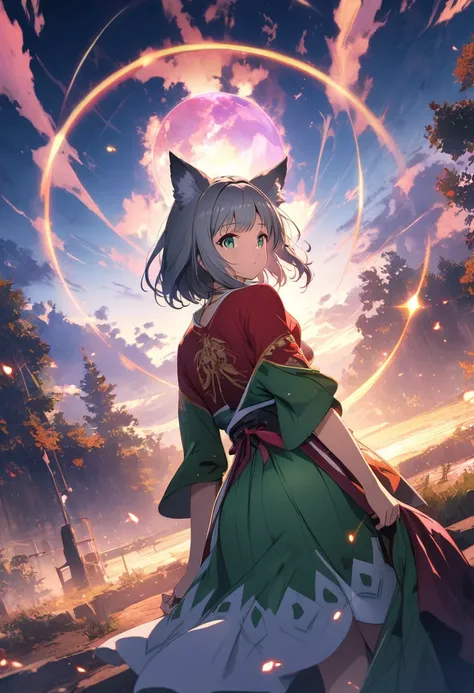 (masterpiece:1.2), (Best Quality:1.2), Ultra high resolution and extremely detailed, Perfect lighting, Wolf Girl, Gray Hair, National Costume, Otherworldly fantasy, Cute, Dynamic Angle, From behind, Low Angle,Digital anime art,Anime style illustration,Anim...