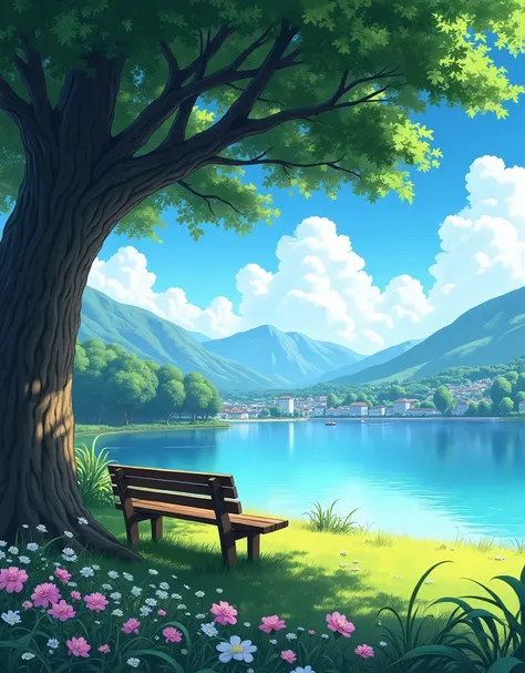 Create a detailed anime-style illustration of a A peaceful lakeside scene bathed in soft, warm sunlight, with a large, majestic tree in the foreground, its thick, dark bark and lush green leaves providing ample shade. A wooden bench sits underneath the tre...