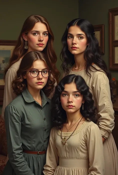 Create a picture with 4 girls from 1863 (lower middle class) ; girl #1: white, long brown straight hair. girl#2: Short dark brown straight hair UP TO THE SHOULDER, with glasses, light brown. girl #3: light brown, dark brown wavy hair SHOULDER LENGTH, with ...