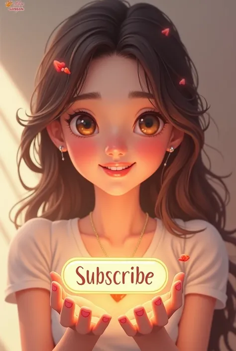 A very cute and beautiful girl showing subscribe button for press