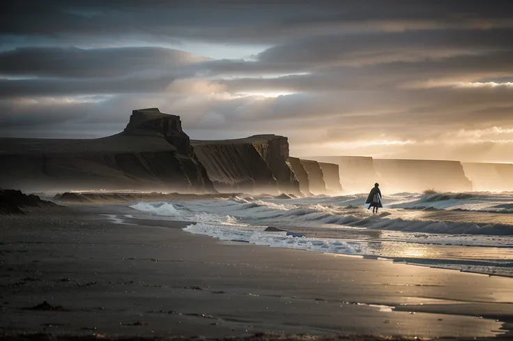 there is a person walking on the beach with a surfboard, beautiful dark beach landscape, sand mists, by Andrew Geddes, dramatic moody cold landscape, landscape photo, moody morning light, blowing sands, beach landscape, ethereal landscape, moody and atmosp...