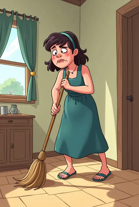 Woman sweeping the house extremely tired and overworked cartoon