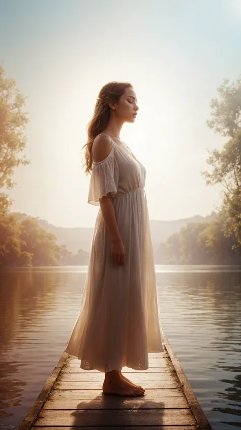 Complete image from a distance, a woman with her eyes closed, an immense light radiates from her forehead, she is standing on a dock, in the background there is a beautiful lake, she is wearing a wide dress, she is barefoot. Photorealism, full view, very d...