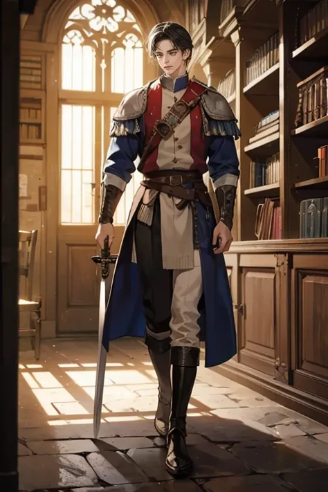 a tall, attractive, masculine human adventurer with neatly trimmed black hair and blue eyes, wearing medieval adventurer attire, standing solemnly with a sword sheathed, in a medieval library interior