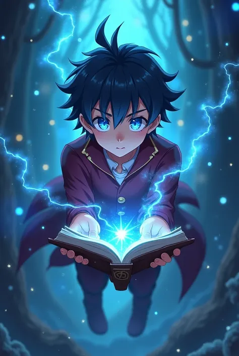 Anime 8k hd medium height magician boy with glowing blue eye in full body floting position with her magical book with black hair and marron colour clothes 