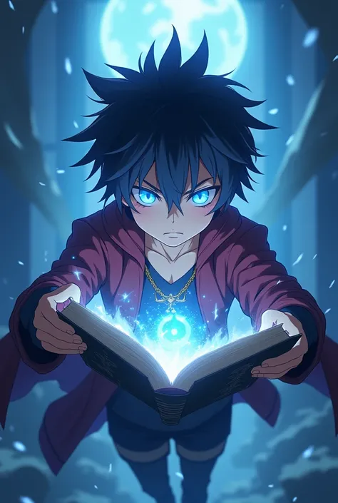 Anime 8k hd medium height magician boy with glowing blue eye in full body floting position with her magical book with black hair and marron colour clothes 