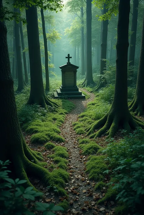 Beautiful real forest with one grave top angle view real