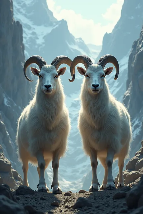 Make a monster photo in which there is a Mountain Goat on the left and a Mountain Goat on the right.