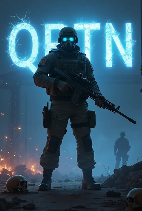 Sergeant with a sniper, wearing a gas mask, stepping on a skull War background with blue fire Highlight on the word QRTN in the background Sparks In anime
