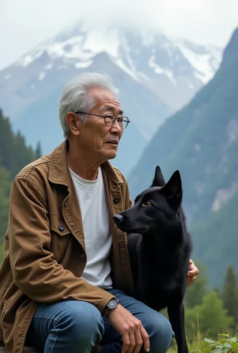  face facing a camera,A Japanese gentle man(45year)flasses,wearing a white t shirt leyared brown jacket,skinny jeans and shoes, sitting with his black wolf and watching view in Nepal 