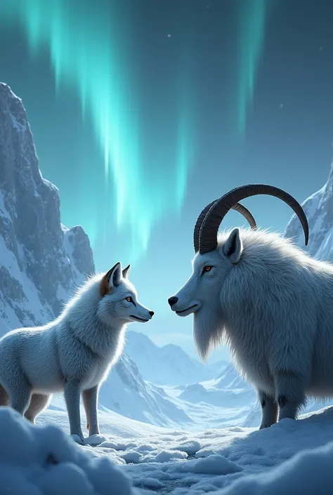 Make a monster photo in which there is a Arctic Fox on the left and a Mountain Goat on the right.