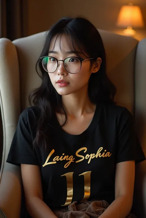 Slanted sexy beautiful Asian girl wearing glasses watching TV sitting on a rocking chair wearing a short sleeve black shirt with gold writing &quot;laing sophia&quot; with the number 11