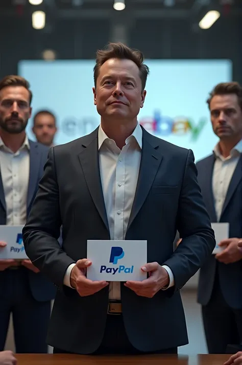 ELONMUSK sell paypal company to E-bay and elonmusk hand have Paypal company logo and others person have E-bay company logo