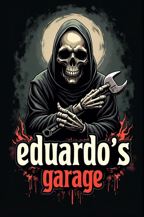 A macabre logo for an automotive workshop with the letters EDUARDO&#39;S GARAGE underneath.