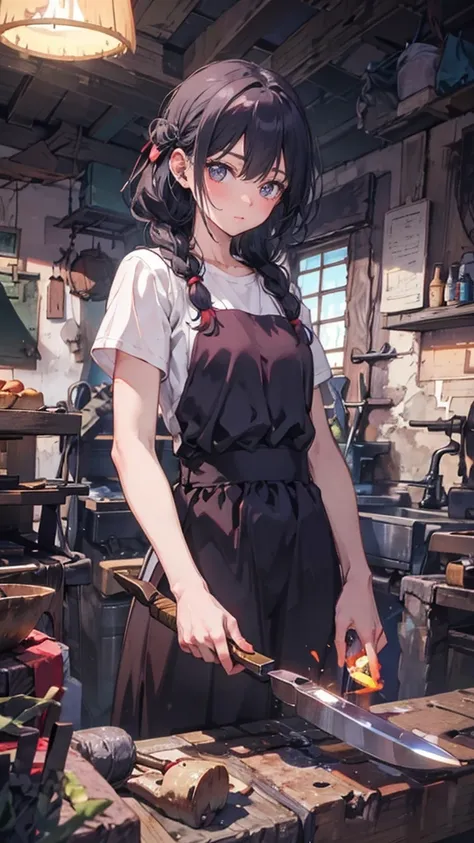 a detailed, young female blacksmith student, her muscular yet soft figure, with beautiful lips, glowing skin and braided hair, wearing a hair ribbon, crafting a small knife with a mallet, in a bright, line art style, masterfully depicted in 8K resolution, ...