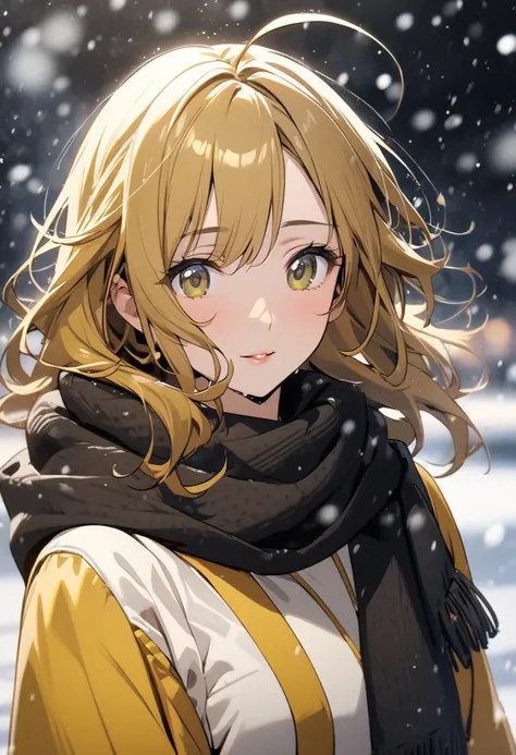 girl, solo, pretty, green eyes, brown eyes, Mustard yellow hair, beautiful color, beautiful eyes, ahoge hair, yellow eyebrows, mature, royal hair, calm face, snowing, black scarf, white blouse, beautiful background, macro picture