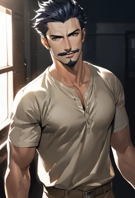 a muscular man, middle-aged, 56 y.o, quiff hairstyle, dark blue hair, dark blue mustache, dark blue beard, beige blouse, dark brown khaki trousers, handsome face, detailed eyes, nose and lips, 8k, high quality, photorealistic, dramatic lighting, cinematic