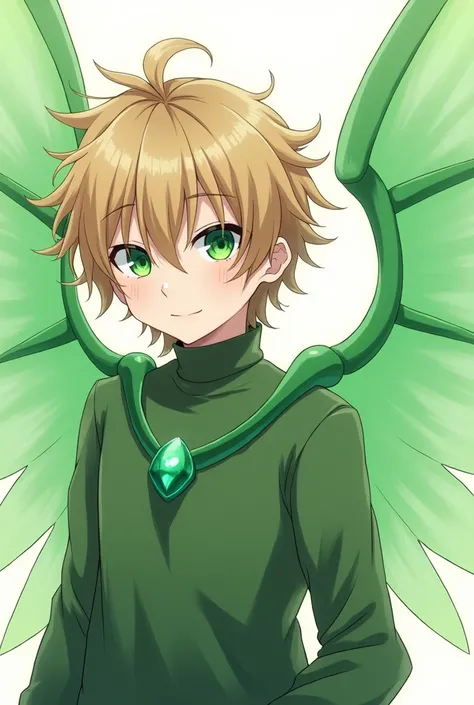 Boy anime big ass Light brown hair green wings Green long sleeved clothing Green necklace