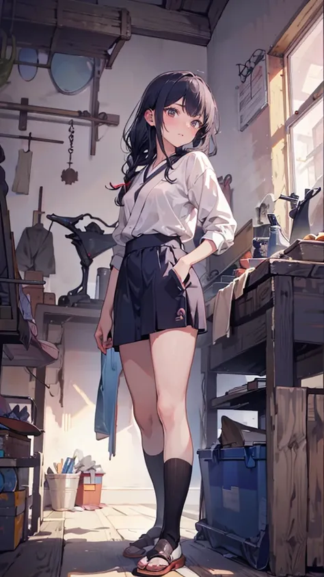 ((Blacksmith girl student:1.25,Teenage Girls,Muscular girl,Soft looking lips,Glowing Skin,Hair is braided,Soft-looking skin:1.25,Hair Ribbon,Hair is braided,Making Japanese swords)),(8k, Best Quality, masterpiece: 1.2, masterpiece, Attention to detail,Very...