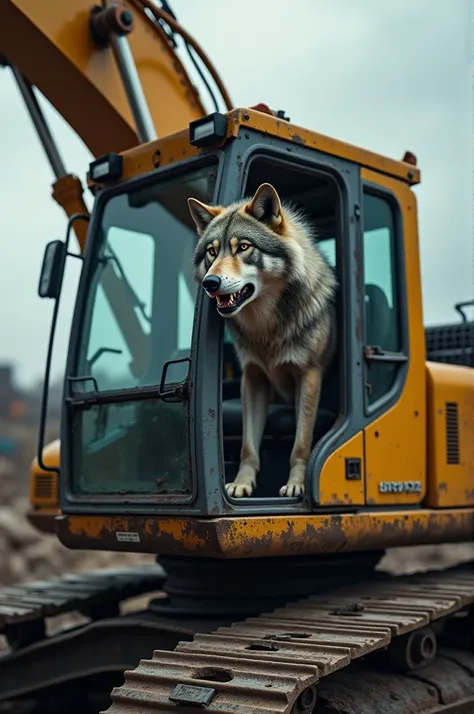 Create an image of a wolf in an excavator 