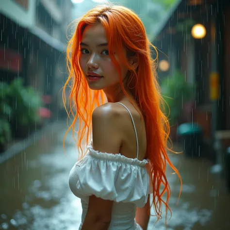 A 20-year-old Thai woman, viewed from the side, is playful, sexy, seductive, charming, cheerful, and bright. She is wet. Her long, messy orange hair is on display. She is wearing a white, off-the-shoulder, torn dress and white sneakers. Her body is soaked ...