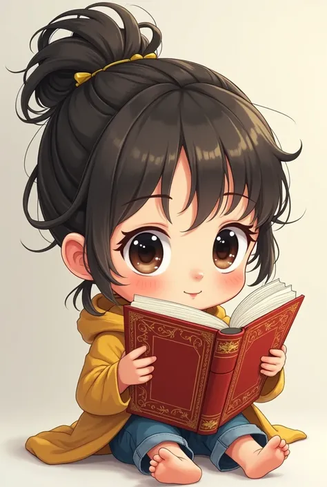 Teenager girl about 2, reading novel book , chibi-like style, only eyes are seen, 