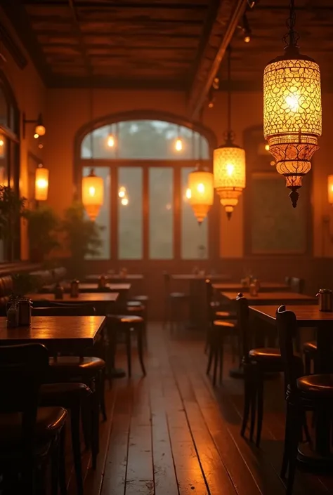 hanging lamps illuminating a place with tables and chairs