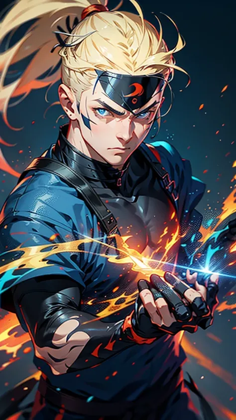 A young ninja with spiky blond hair, blue eyes, wearing an orange and blue outfit, performing a powerful jutsu, detailed facial features, muscular body, ninja weapons, epic landscape background, digital art, cinematic lighting, vibrant colors, dramatic com...