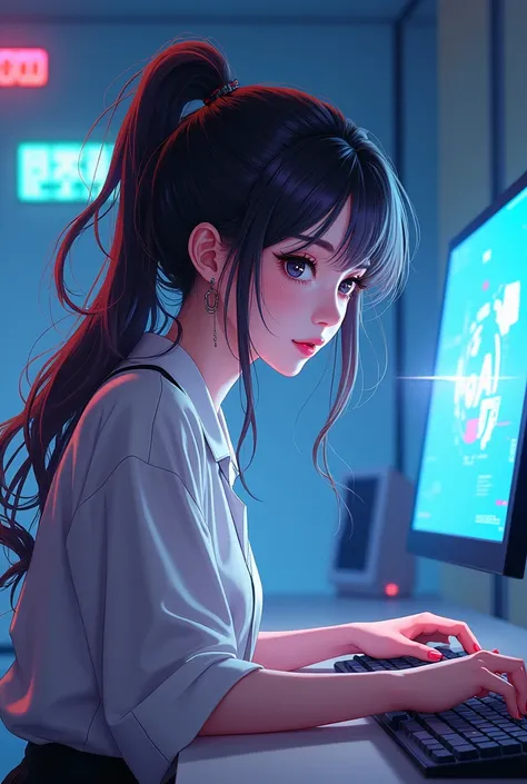 Stunning woman playing on computer photo in anime drawing format 