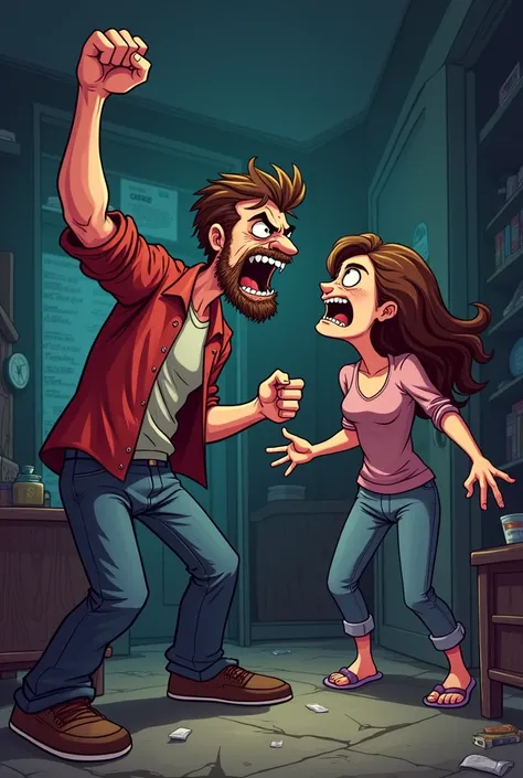 Angry drunk man raising hand to woman cartoon