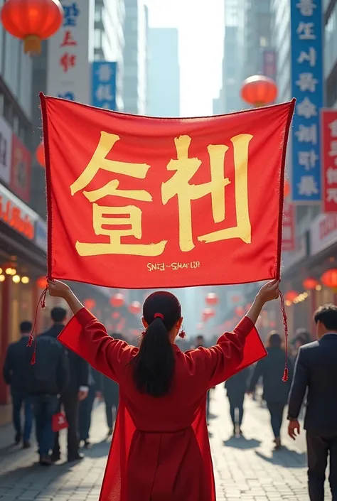 A beautiful word "SNI_SHAN" banner carrying by Korean actress in the streets of Seoul 