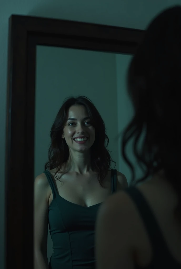 A chilling close-up of the same woman standing in front of the mirror. Your face in the real world is neutral, lips pressed into a straight line, as your reflection in the mirror smiles menacingly. The difference between your real expression and your refle...