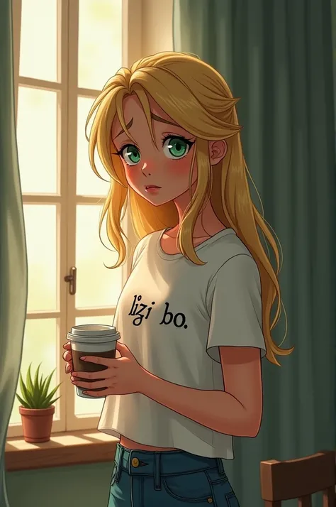 Girl Blonde with long hair ,Green eyes, Sleepy and Not happy ,disheveled hairstyle, He stands by the window with coffee in his hands, white T-shirt with "Lizi Bo" written on it,  disney style