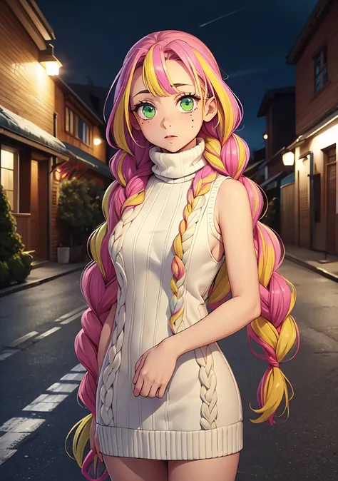 masterpiece, best quality, highres, aamitsuri, long hair, braid, multicolored hair, green eyes, mole under eye, large breasts, sweater dress, ribbed sweater, virgin killer sweater, turtleneck, sleeveless, bare arms, outdoors, standing, night, street,