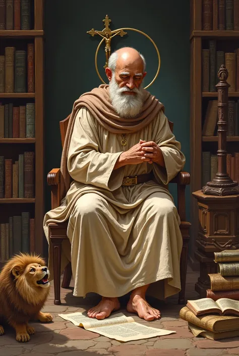 Illustration for the feast day of Saint Jerome, priest and Doctor of the Church. The scene should depict Saint Jerome in a study setting, surrounded by books and scrolls, symbolizing his role as a translator of the Bible and a scholar. The environment shou...