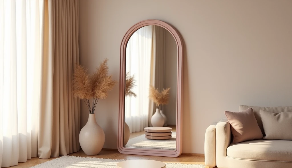 4K.8k. Create a cozy interior scene with a large, wavy-shaped mirror with a soft pink frame leaning against the wall. The mirror should reflect part of a well-decorated living space, with neutral tones and a minimalist design. Surround the mirror with eleg...