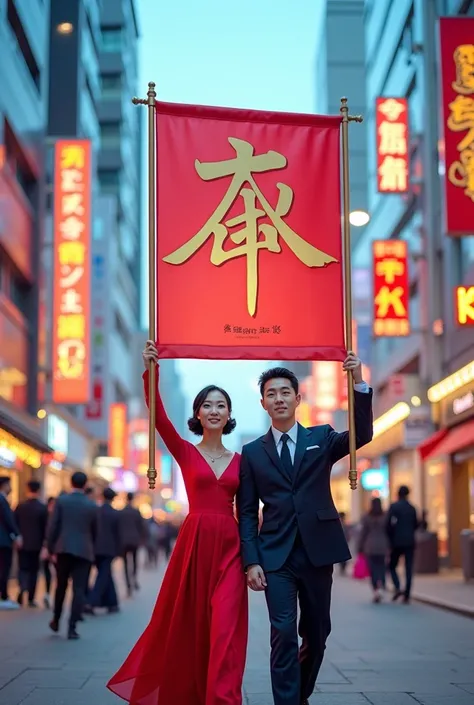 A beautiful word "SNI_SHAN" banner carrying by Korean actor and actress in the streets of Seoul 