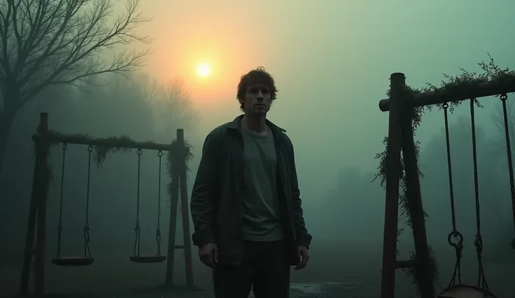 A gloomy, overgrown playground with rusted swings and vines creeping up old, dilapidated structures. The scene is enveloped in thick fog, with the setting sun barely visible through the mist, casting an eerie orange glow. A tall, rugged man (Ethan, mid-40s...