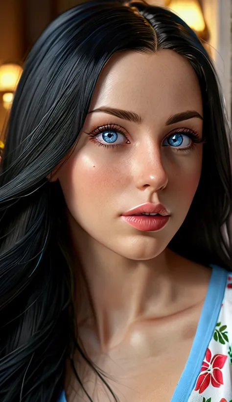 a  woman with long straight black hair, blue eyes, hair, huge breasts, beautiful detailed eyes,beautiful detailed lips,extremely detailed eyes and face,longeyelashes,wearing comfy pijamas, (best quality,4k,8k,highres,masterpiece:1.2),ultra-detailed,(realis...