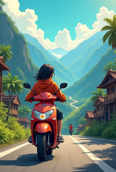 4d cartoon of a long-haired man wearing a hoodie and sneakers riding a scooter in a mountainous area with an Indonesian road background. Realistic haiper. High contrast. High color effect. 8k. Focus detail.