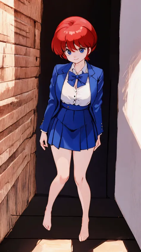 Create Female Ranma,Color full-body photo,(Female Ranma Avatar)，Lovely smile，pretty face:1.3，childish face，Red short hair cut just like men，Short hair ponytail，slim figure，bumpy bangs，big blue eyes，Plump upper circumference， he is wearing a shirt，wearing a...