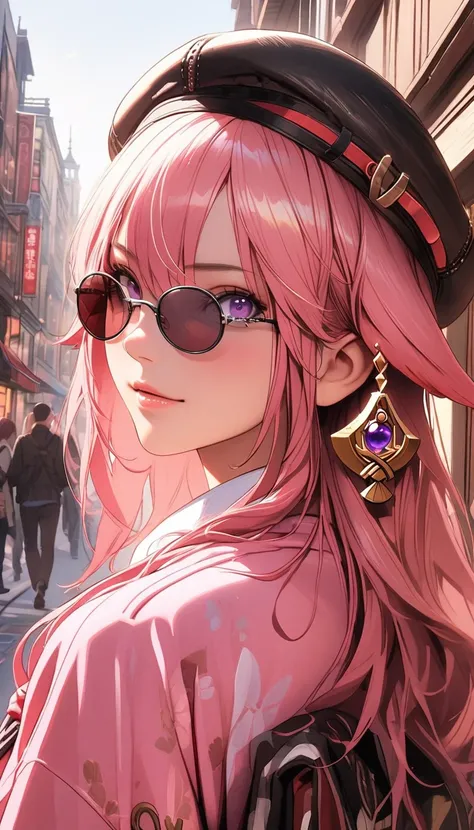 4K, Realistic, Detailed, Super Eyes Details, Fashion clothes, Pink trench coat, French Beret, Black pants with belt, Long Hair, In the city,  Pink Hair, Purple eyes, Yae Miko, Wearing trendy sunglasses,