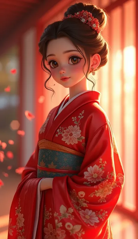 Japanese girl idol, red kimono dress, elegant pose, full body image, High Resolution, Best Quality, Textured Skin, UHD, brown up do Hairstyle, shunning brown Hair, Backlighting, Bokeh, Anime Style, Digital Art, vivid colours, gloss skin, Japanese Illustrat...