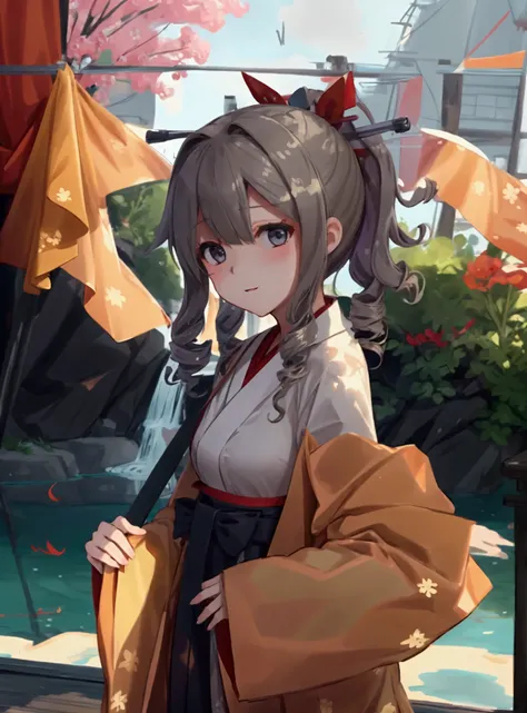 (masterpiece), (Best Quality), (Super detailed) (Very delicate and beautiful)　Kantai Collection_flag wind　1 person　hatakazeKC, Hair Ribbon、ponytail、Wide sleeves、Red Ribbon、Drill Hair、Hakama、Hakamaスカート、white without dirt、Haori　Standing by the hot spring　Sex...