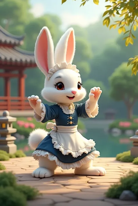 A anthropomorphic cute female white rabbit wearing a maid costume, fighting with tai chi