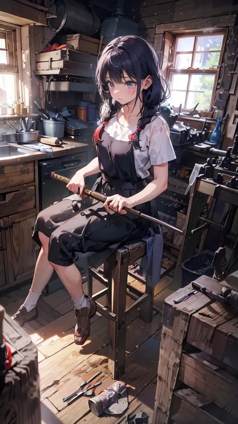 (A female blacksmith student, teenage girls, muscular girl, soft lips, glowing skin, braided hair, soft skin:1.25, hair ribbon, braided hair, forging a short knife with a mallet),(8k, best quality, masterpiece:1.2, masterpiece, extreme detail, very detaile...